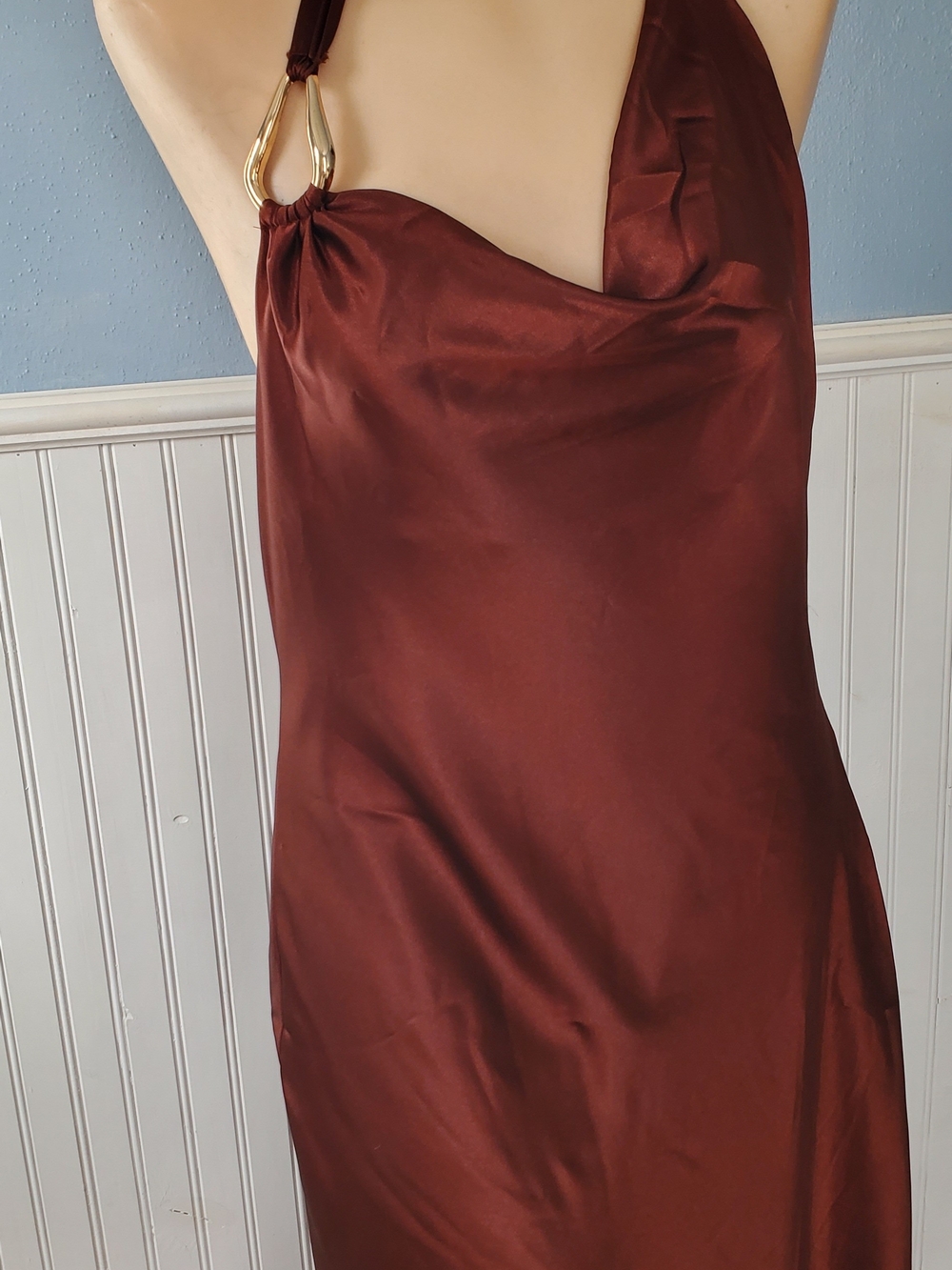 Satin Halter Slip Dress in Rich Brown/Rust